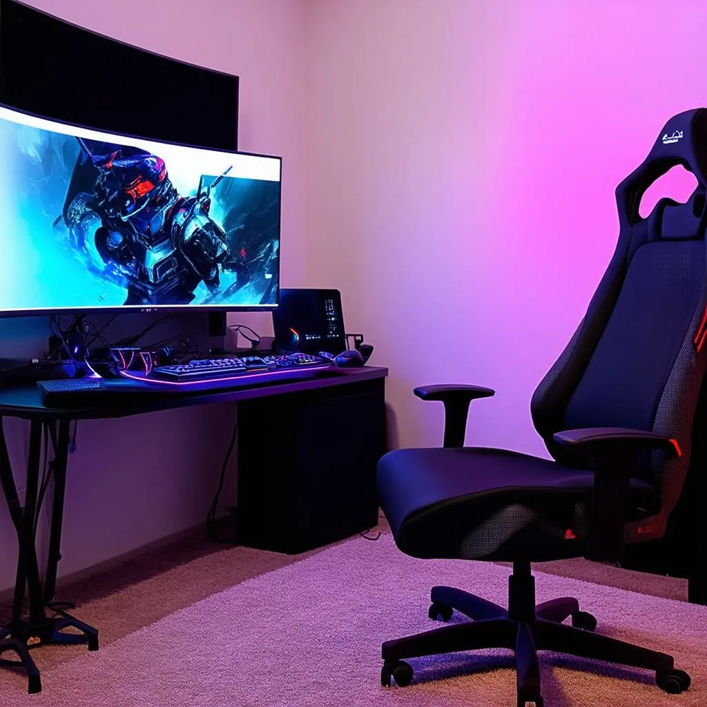 Gaming setup với máy tính và ghế chơi game