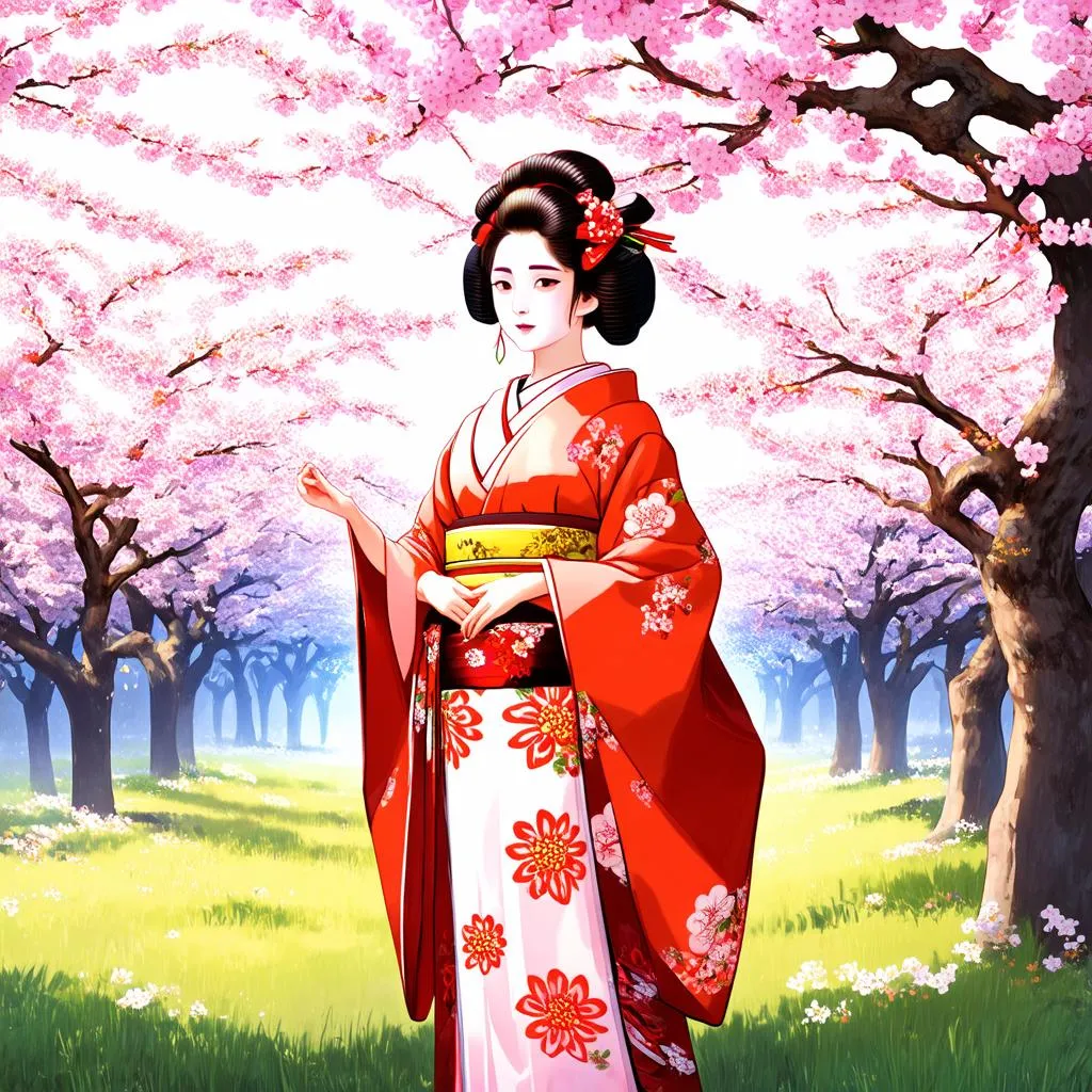 Geisha trong vườn hoa anh đào