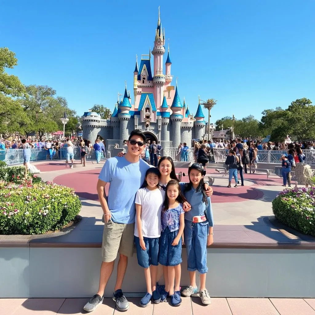 Gia đình hạnh phúc chụp ảnh lưu niệm Disneyland