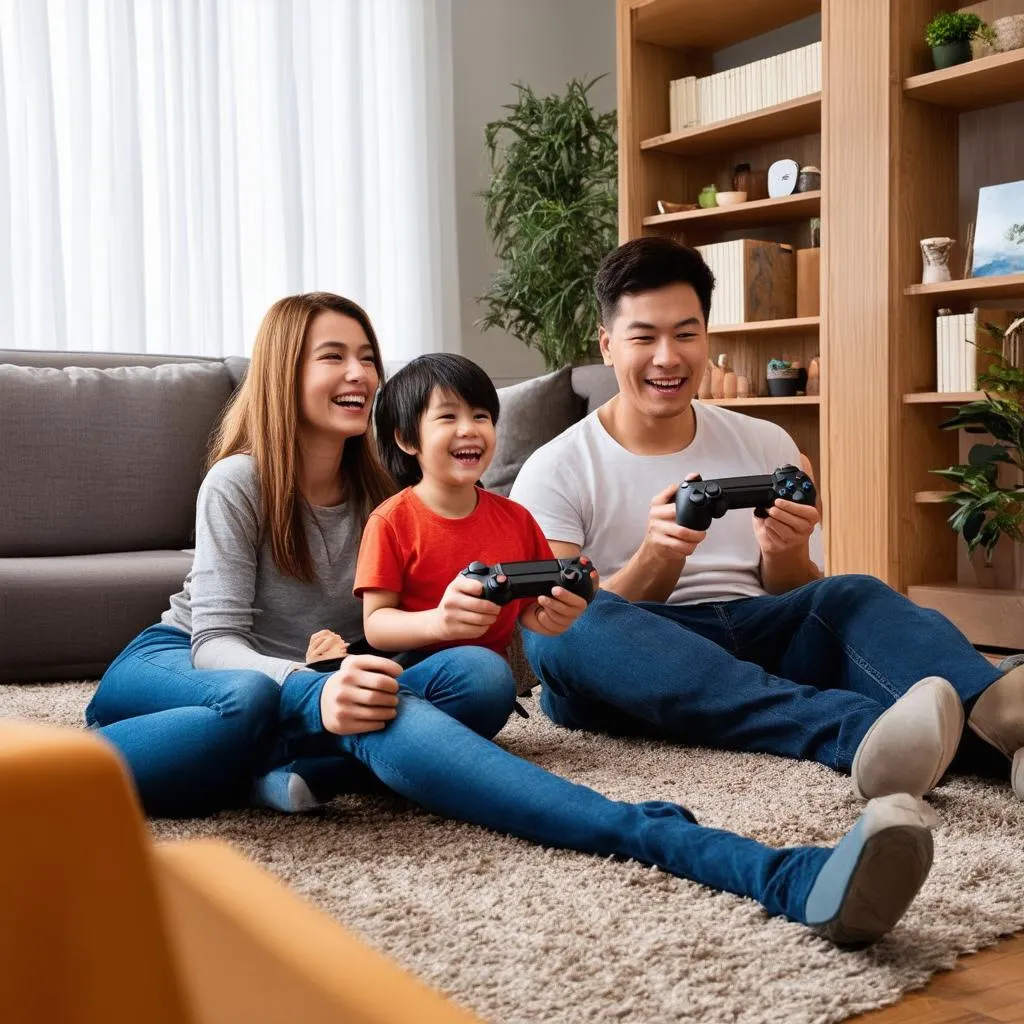 gia đình vui vẻ chơi video game