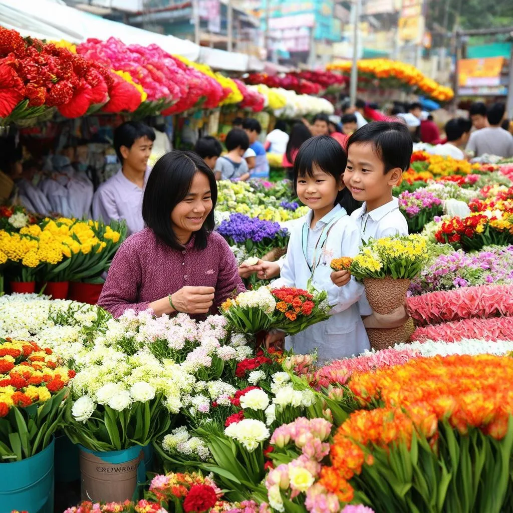 Gia đình đi chợ hoa Tết