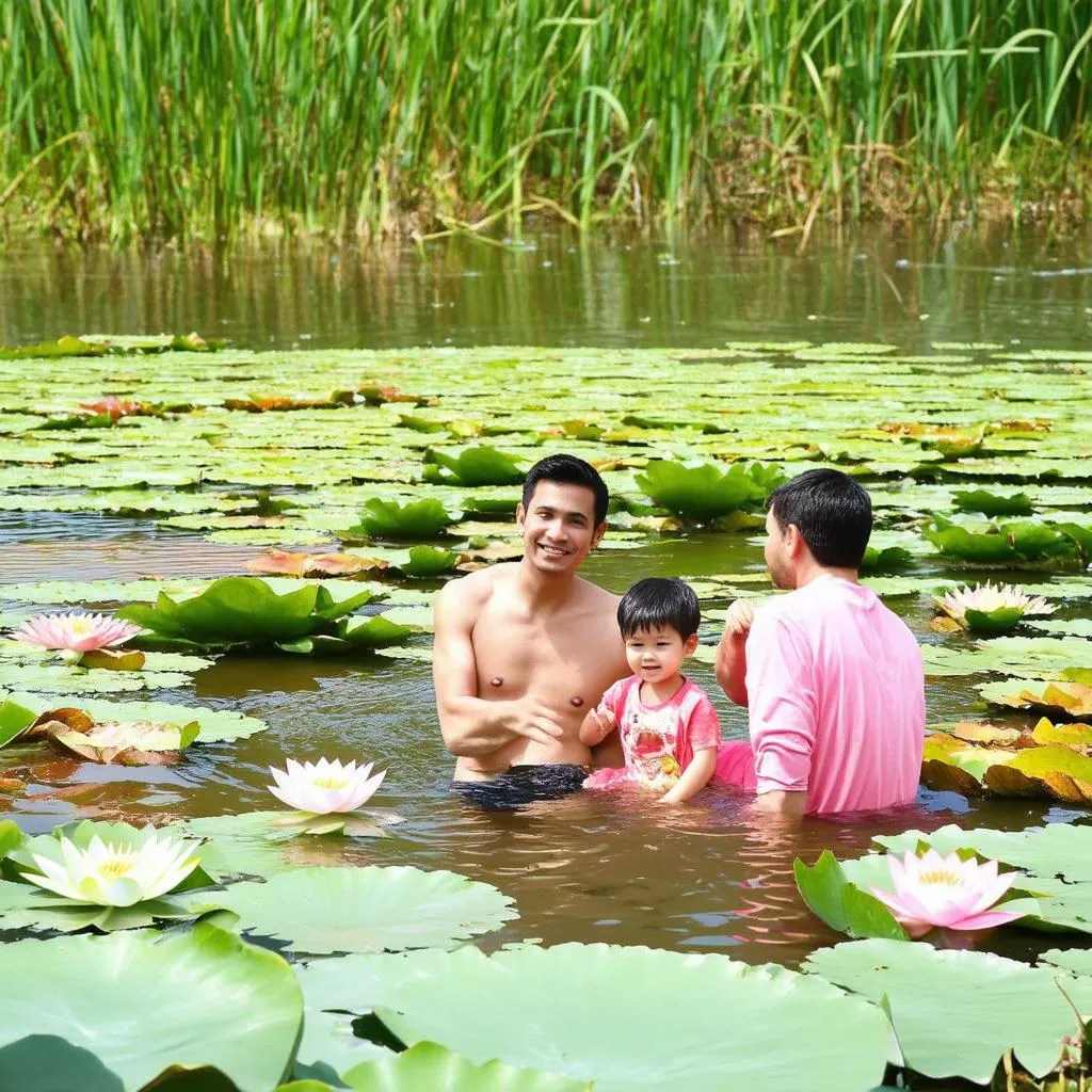 Gia đình vui chơi trong không gian đầm sen