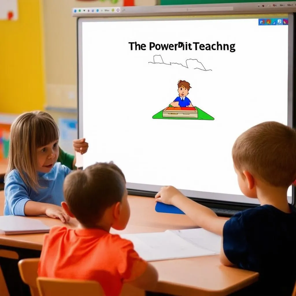 giáo viên đang dạy trẻ em chơi trò chơi powerpoint