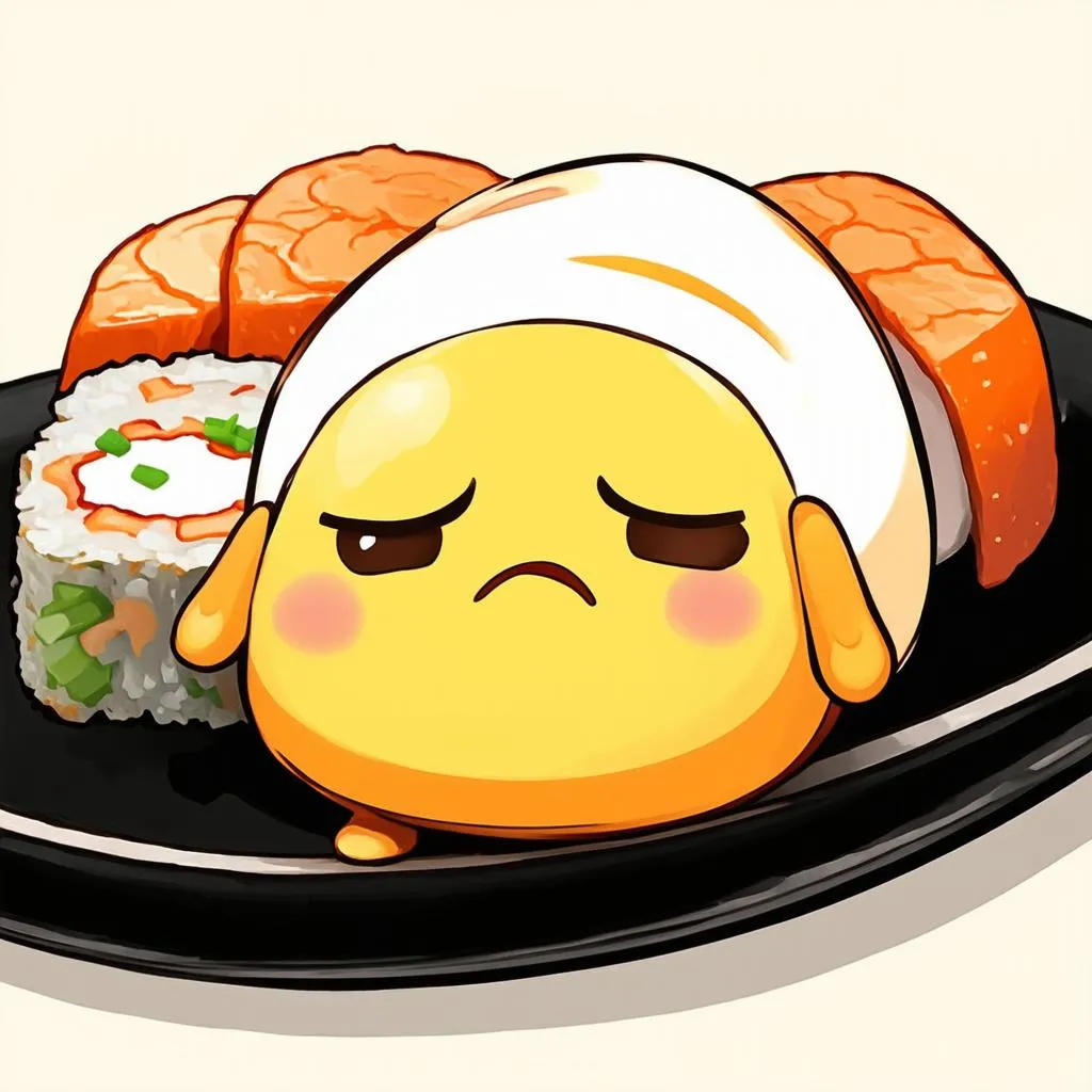 gudetama nằm trên đĩa sushi