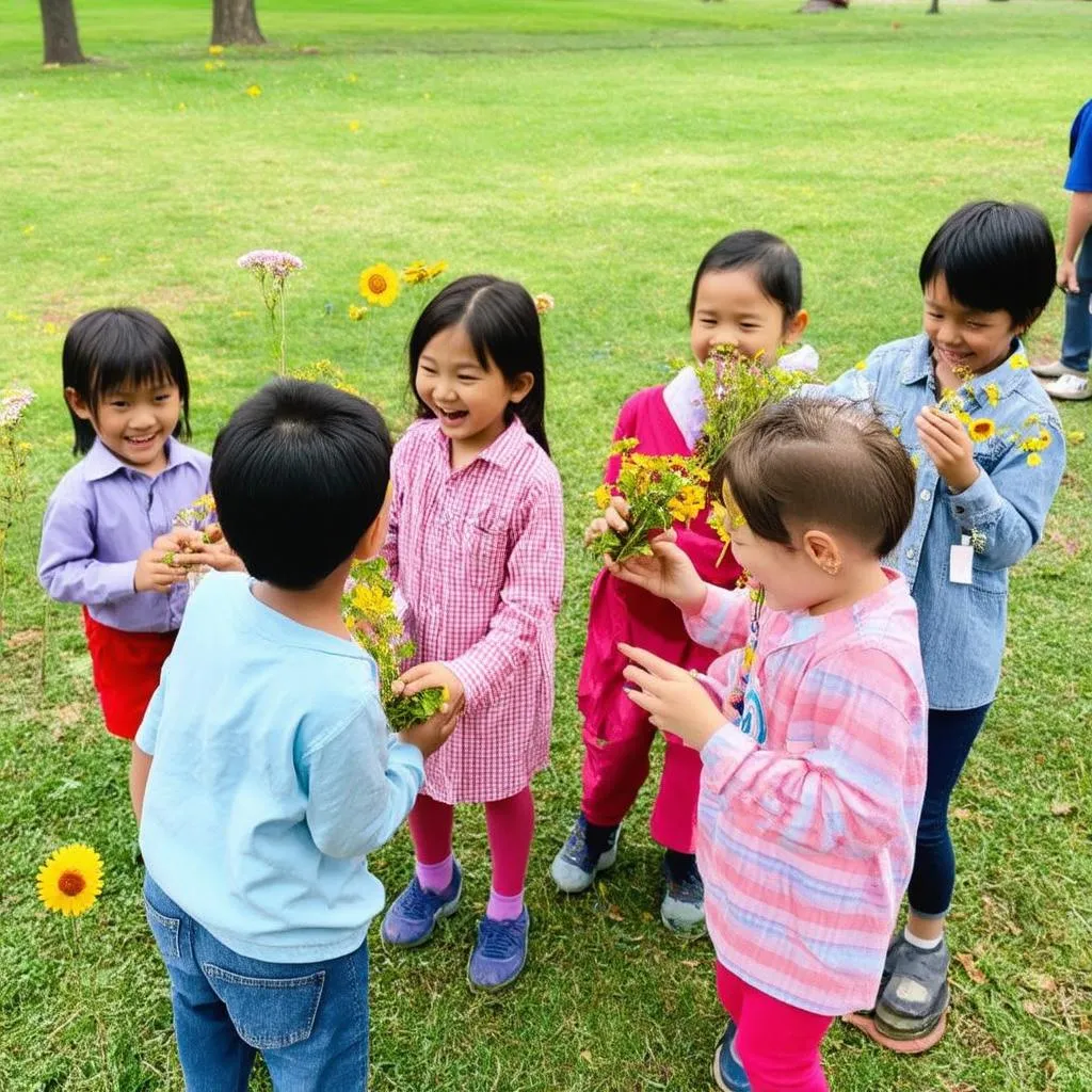 Trẻ em chơi hái hoa tặng cô