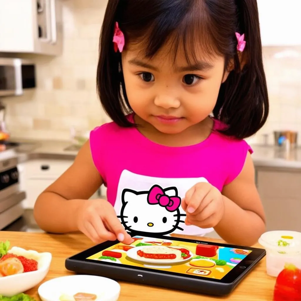 Bé gái chơi game Hello Kitty nấu ăn trên máy tính bảng