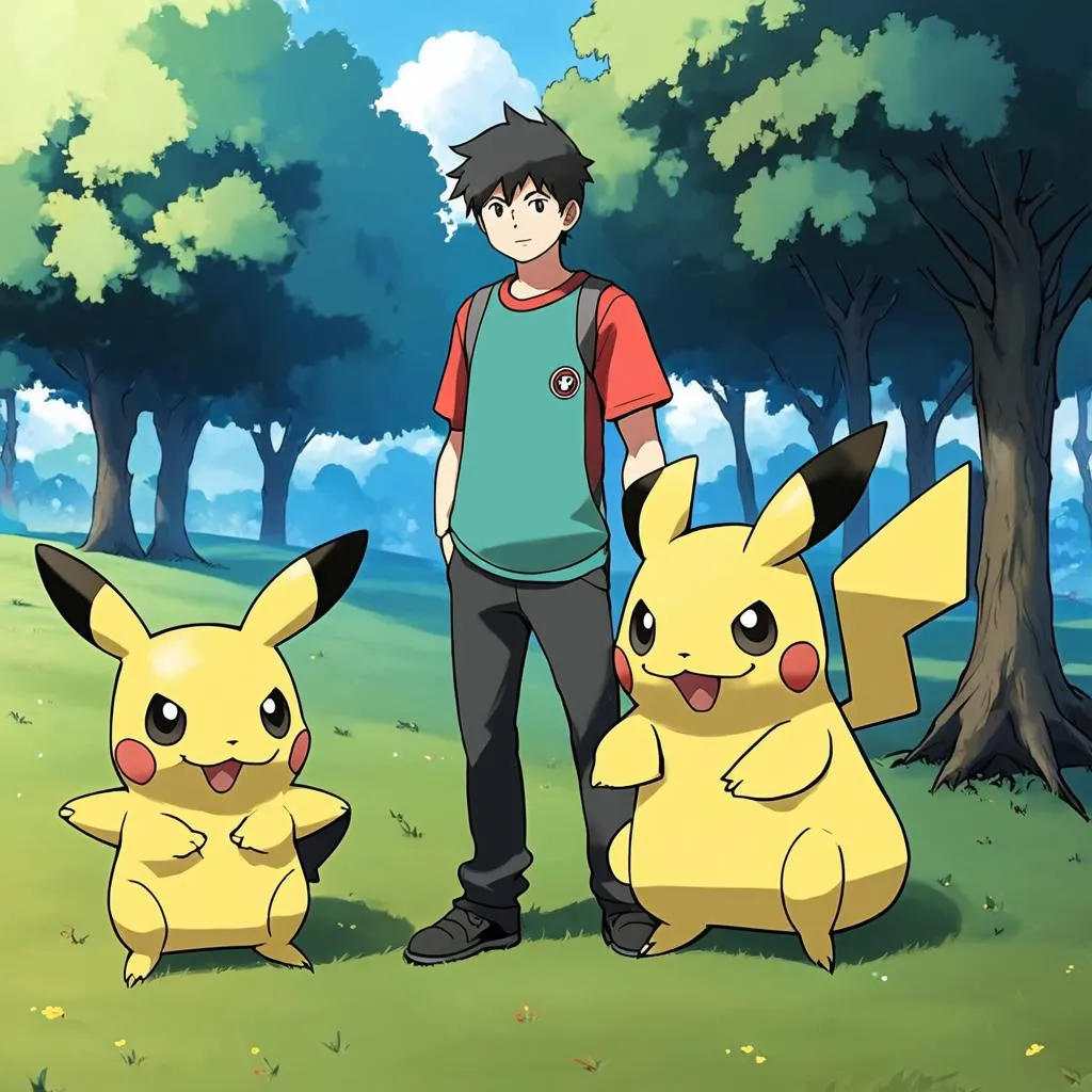 pokemon trainer standing next to his pokemon