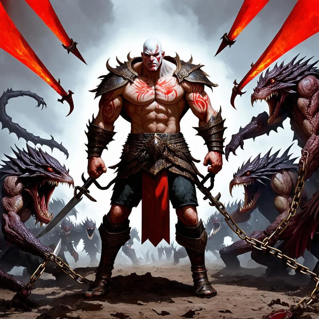 Kratos đứng trước đội quân độc trả