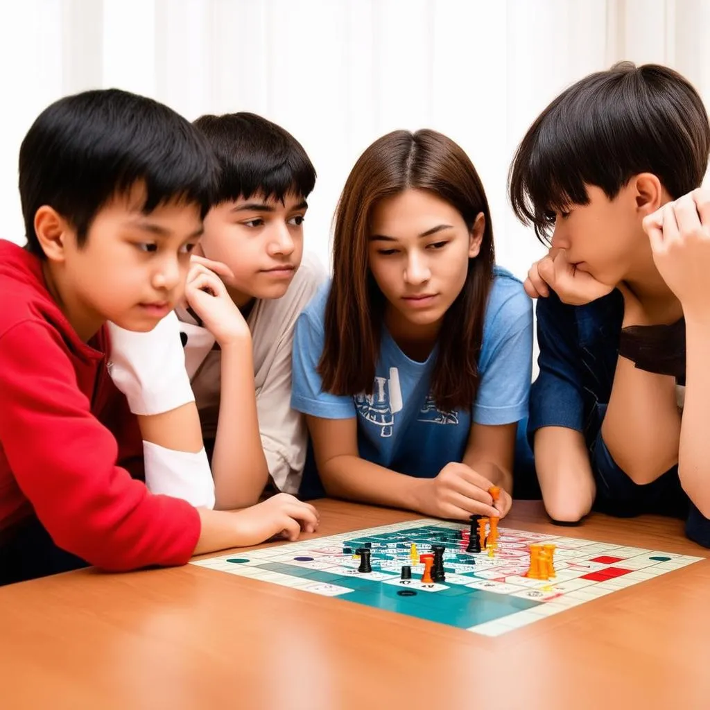 Một nhóm bạn trẻ đang tập trung cao độ chơi trò chơi board game, nét mặt mỗi người đều toát lên sự tập trung, căng thẳng và thích thú.