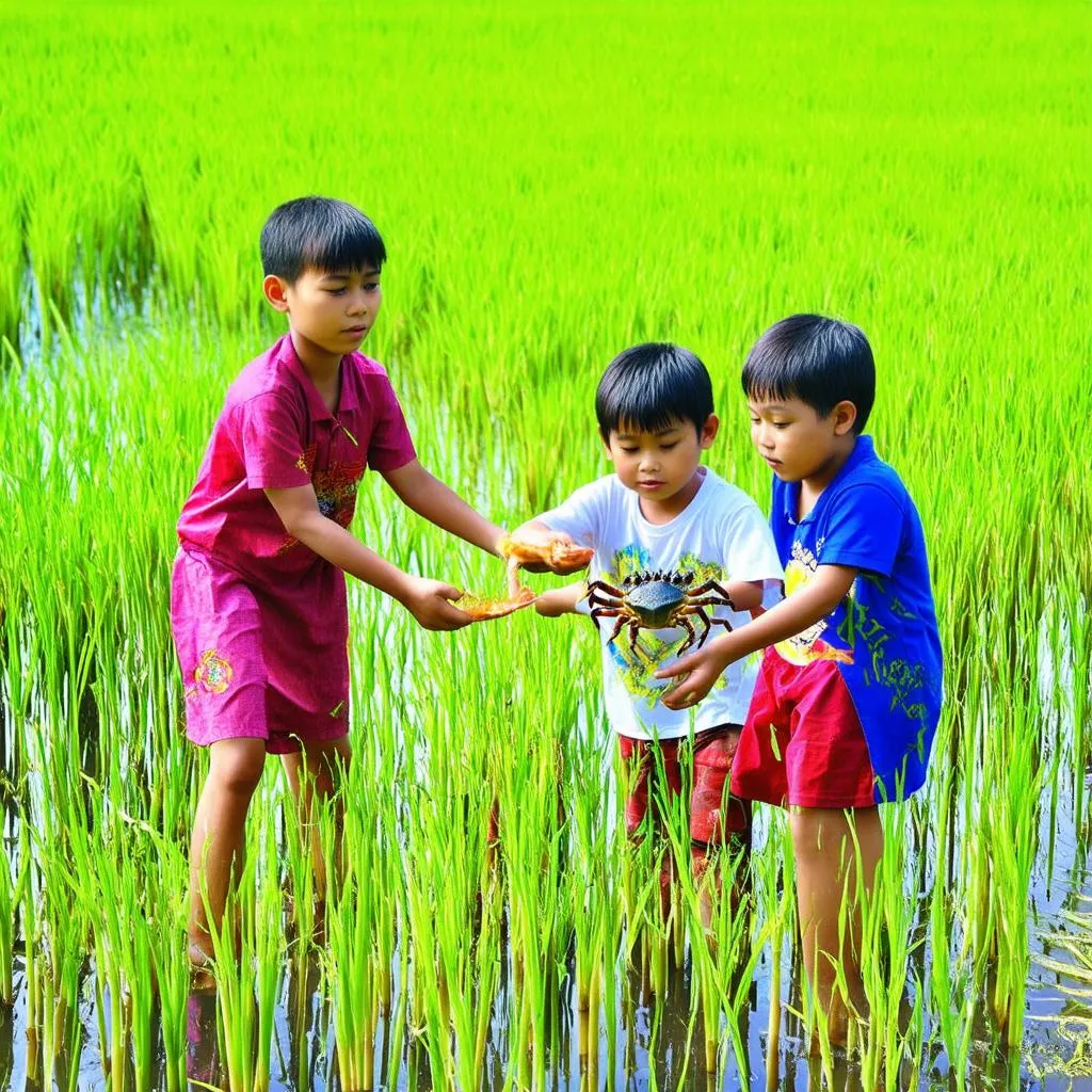 Trẻ em chơi mò cua bắt ốc