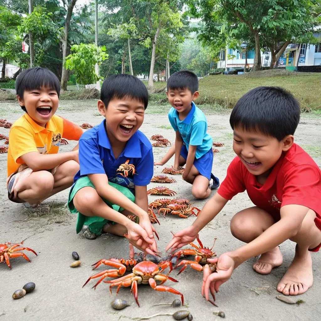 Trẻ em vui mừng khi chơi mò cua bắt ốc