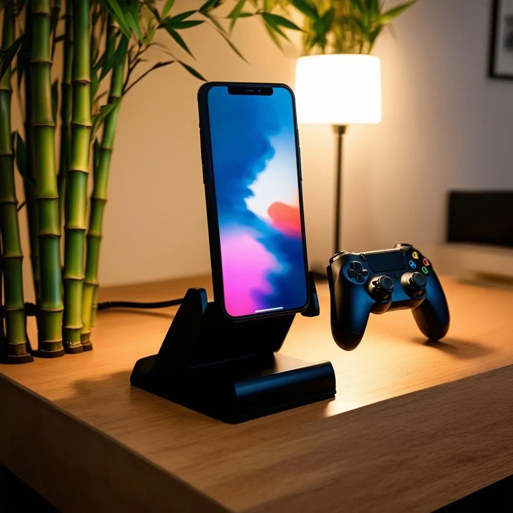 A mobile gaming setup with a phone on a stand and a controller.