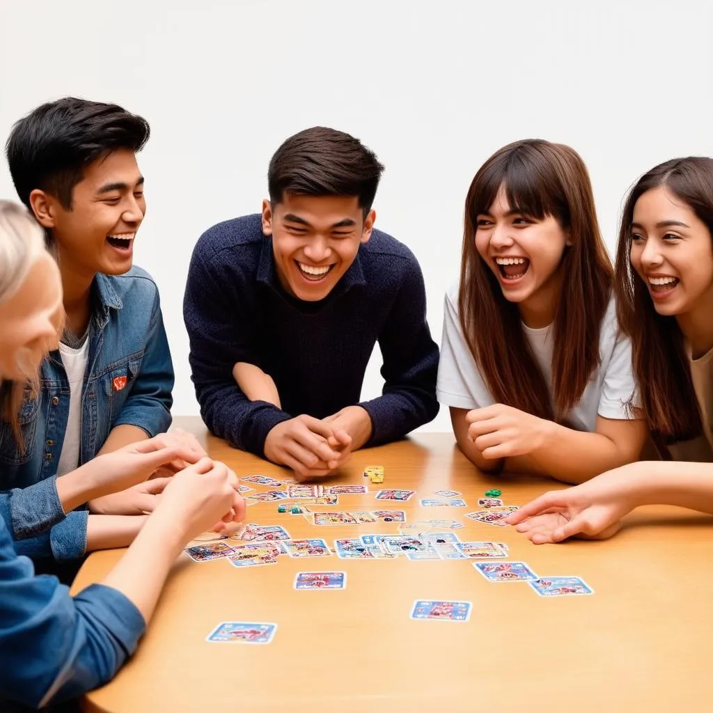 A group of young friends are laughing and playing a fun English game together