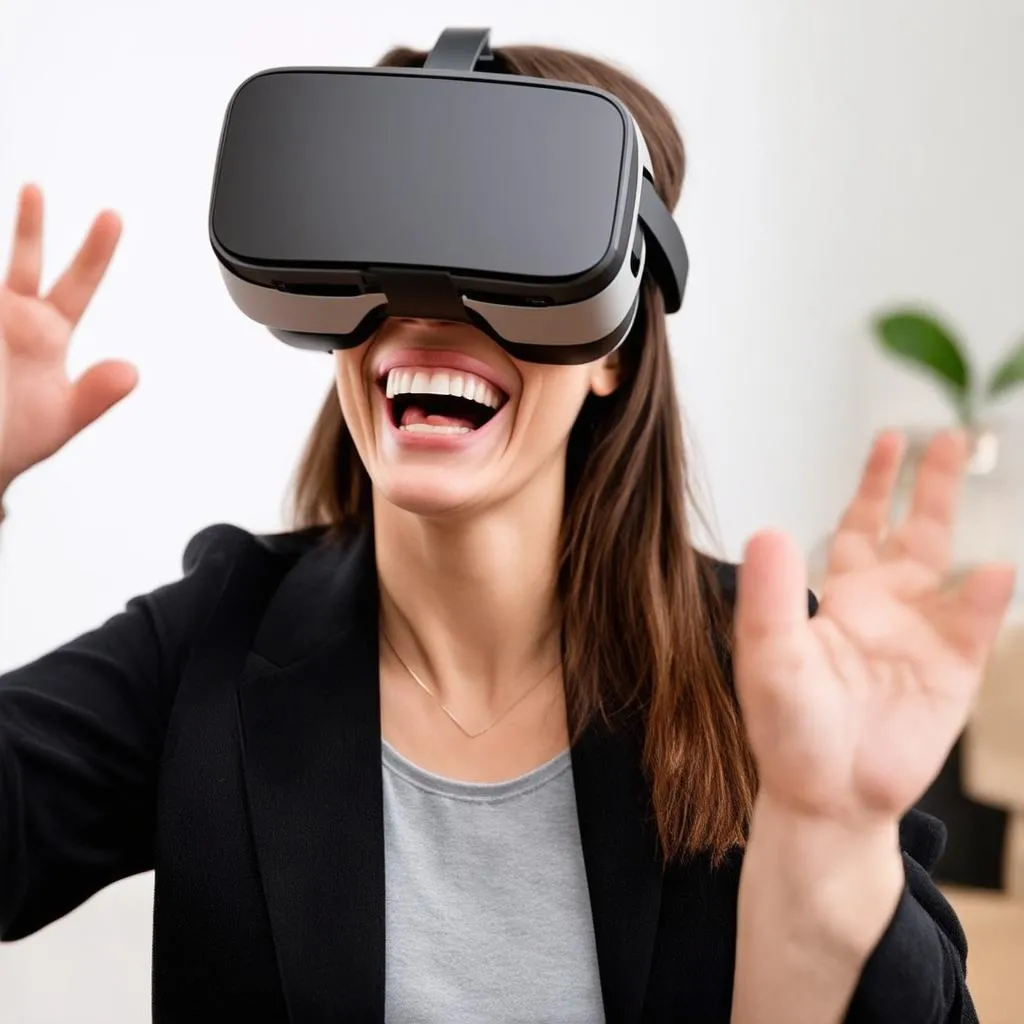 Người phụ nữ đeo tai nghe VR và cười