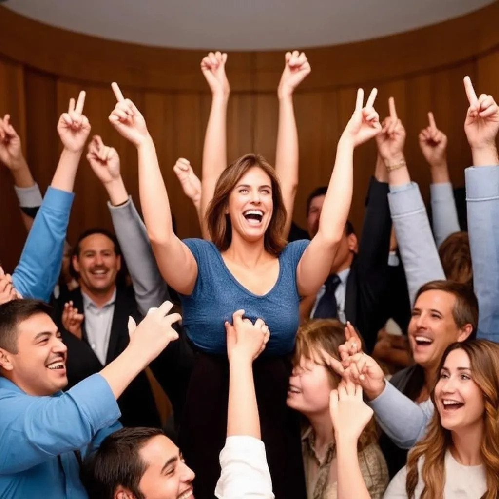 Woman being lifted up by a group of people