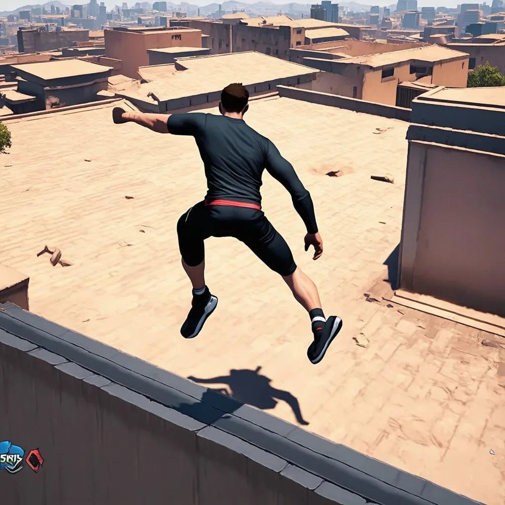 nhân vật game đang nhảy parkour trên mái nhà