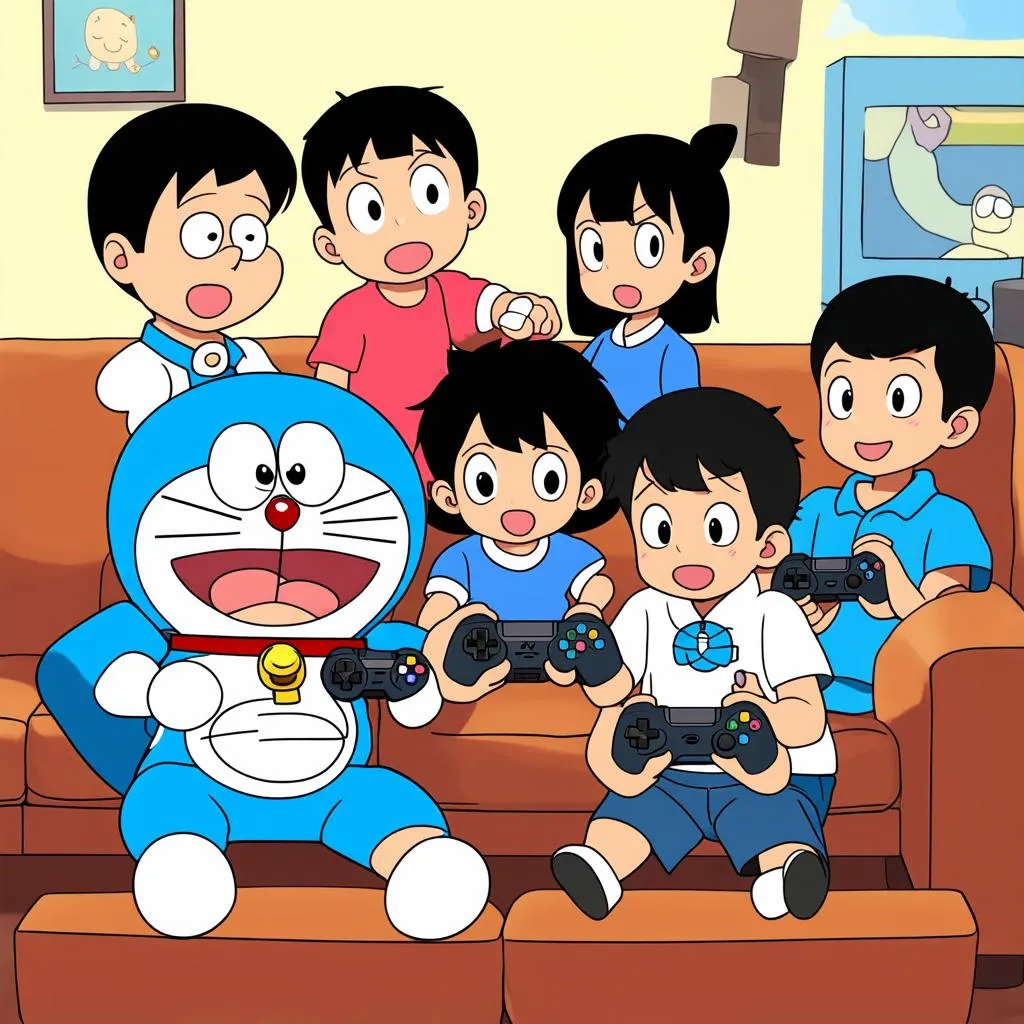 nhóm bạn doraemon chơi game cùng nhau