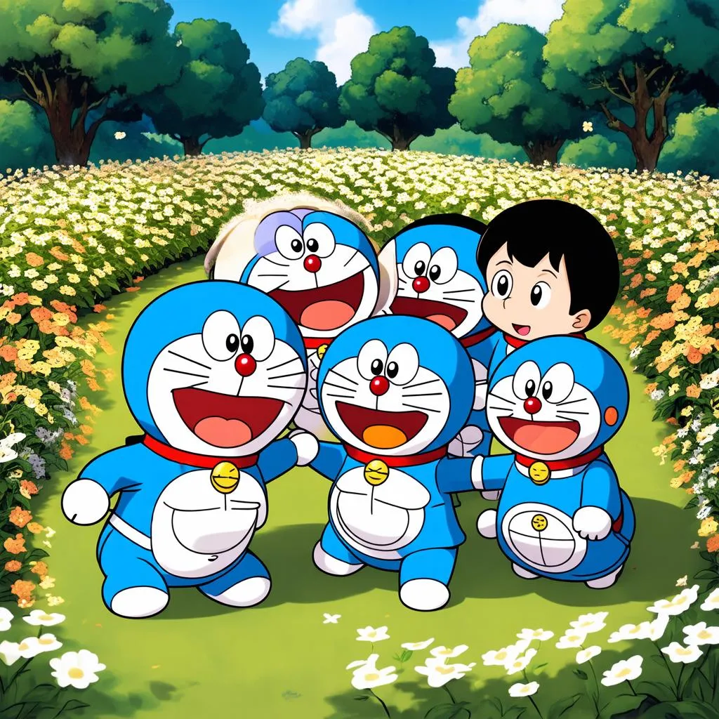 Nhóm bạn Doraemon đang vui chơi trong vườn