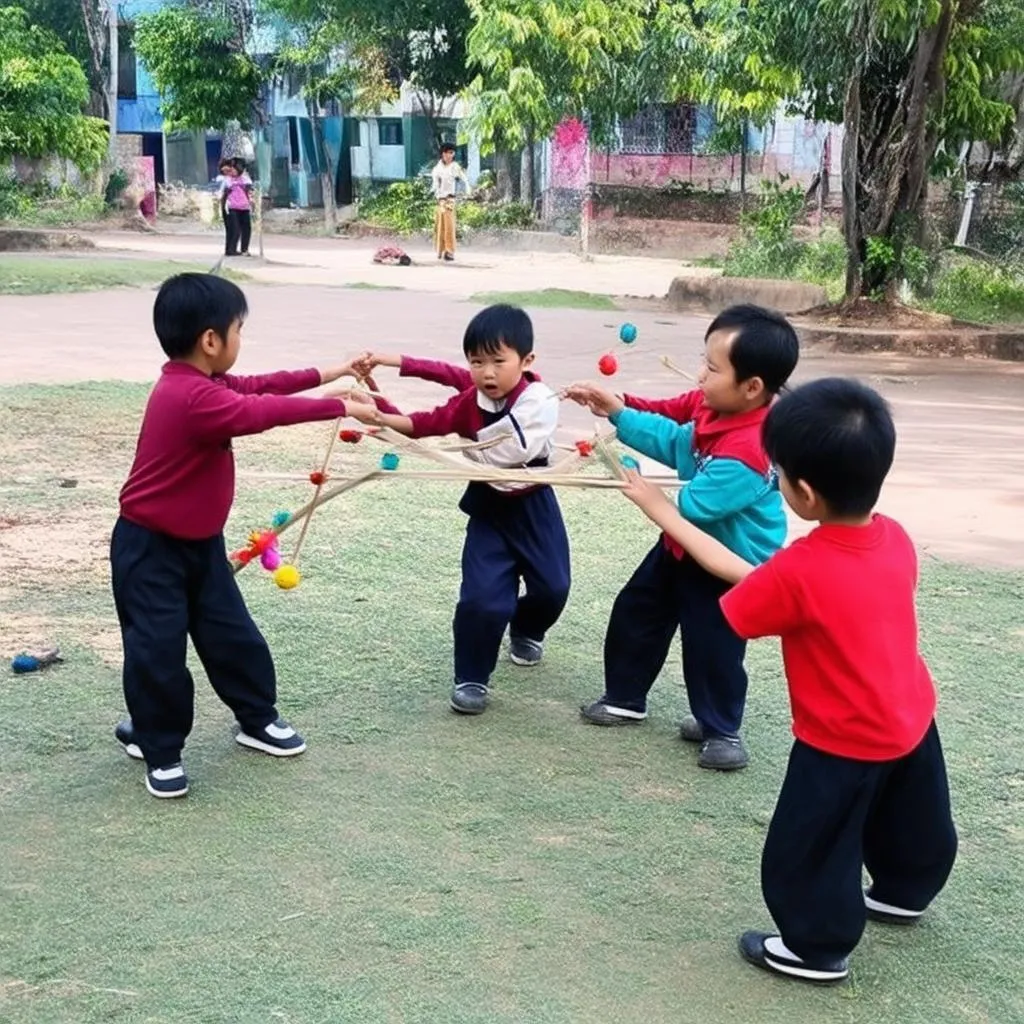 Nhóm bạn nhỏ đang chơi cắp cua bỏ giỏ