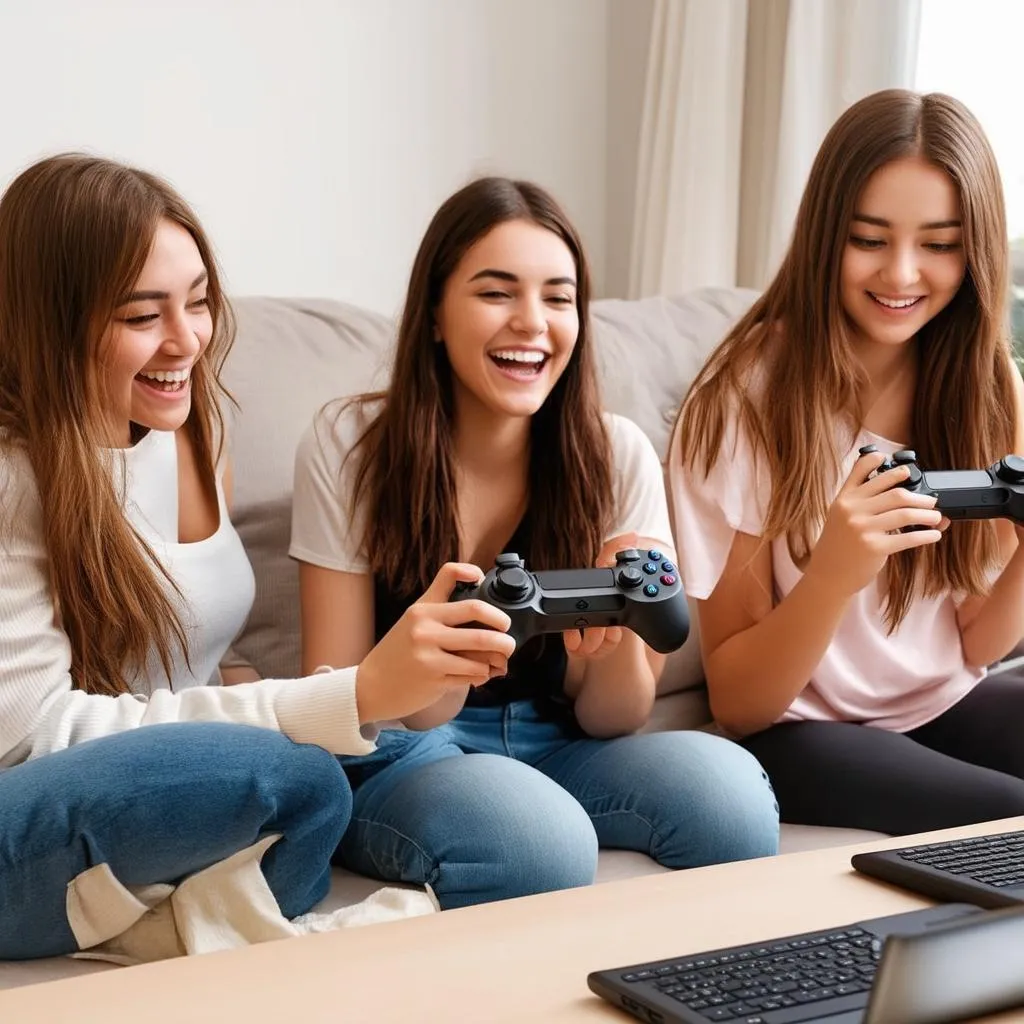 Nhóm bạn nữ vui vẻ chơi game cùng nhau