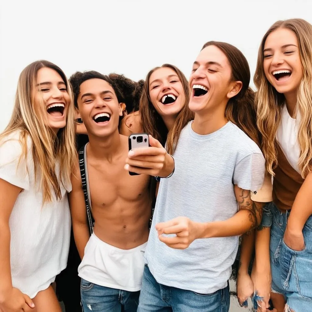 Nhóm bạn trẻ cười tươi chụp ảnh selfie