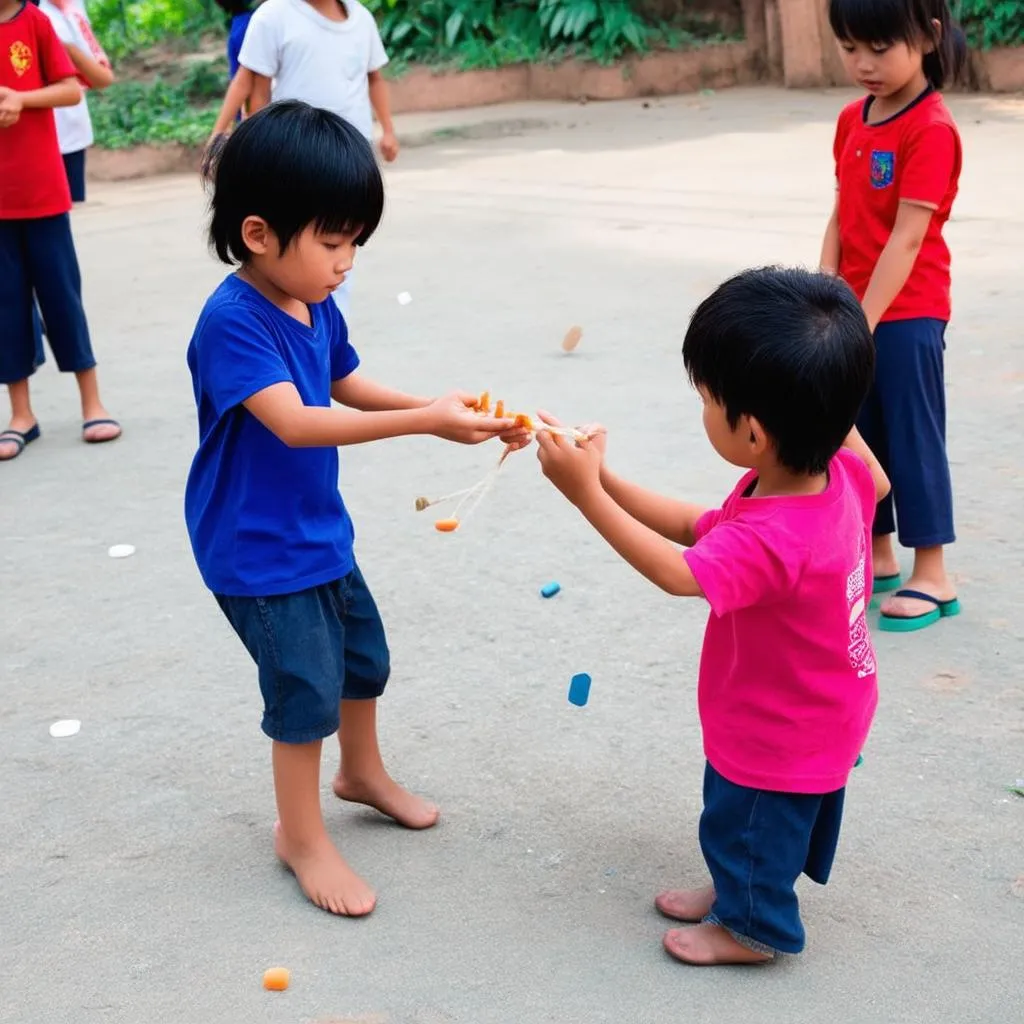 Những đứa trẻ đang chơi ô ăn quan