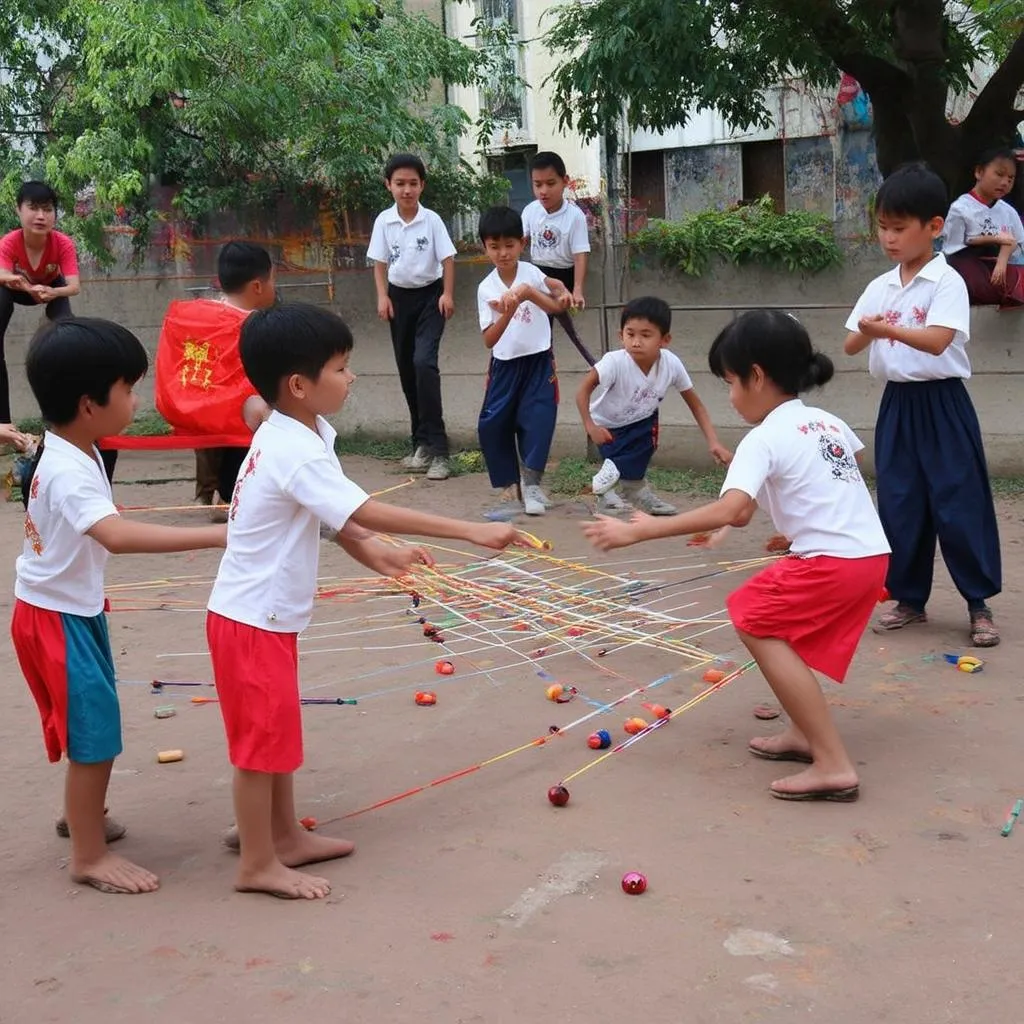 Những đứa trẻ đang chơi ô ăn quan