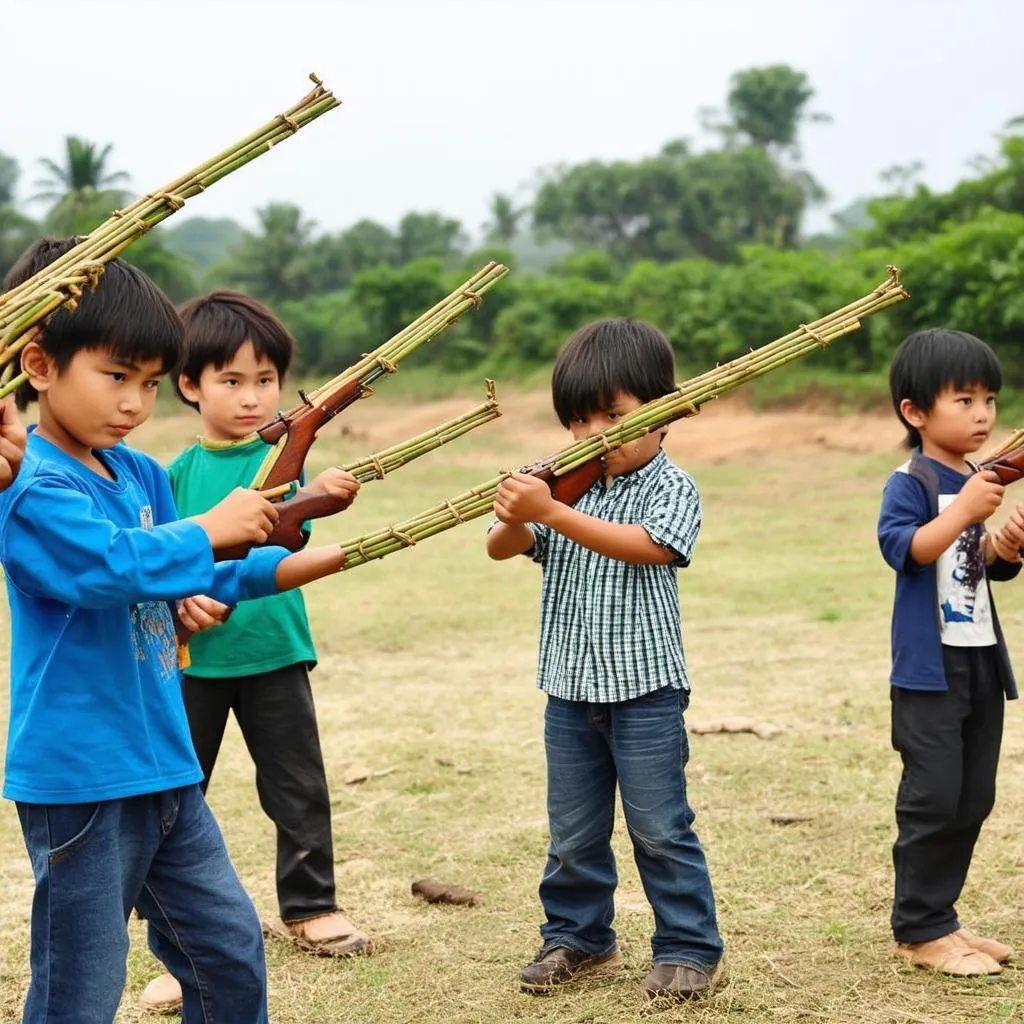 Những đứa trẻ đang chơi súng tre