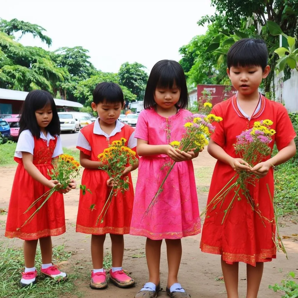 Hình ảnh những đứa trẻ đang chơi trò chơi hái hoa