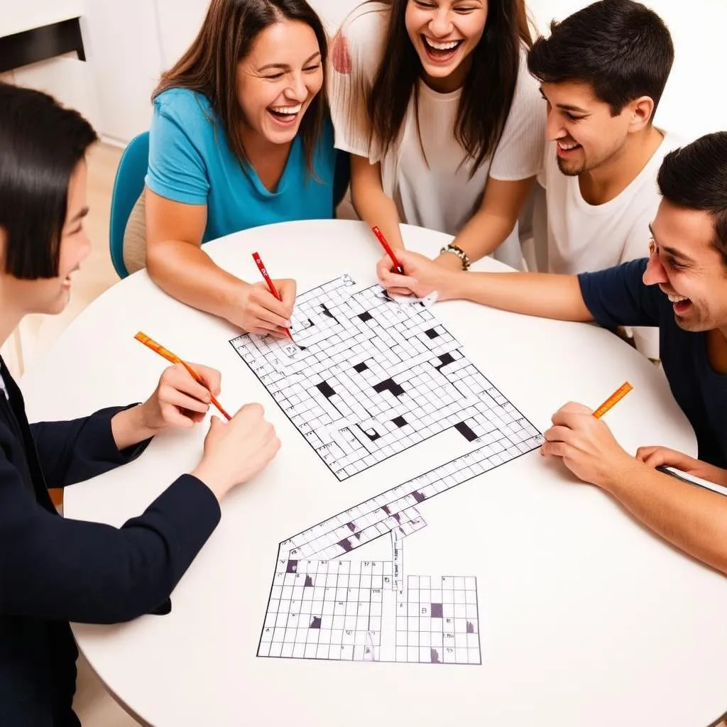 friends solving english crossword puzzle together