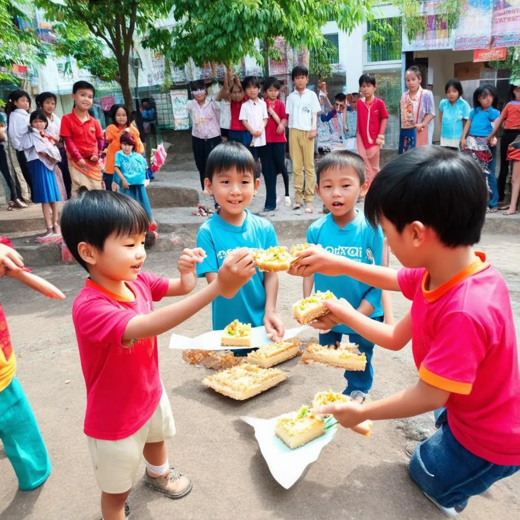 Trẻ em vui chơi trò chơi cột chân ăn bánh