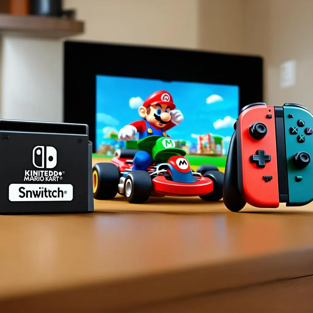 Máy chơi game Nintendo Switch với tay cầm và hộp game Mario Kart