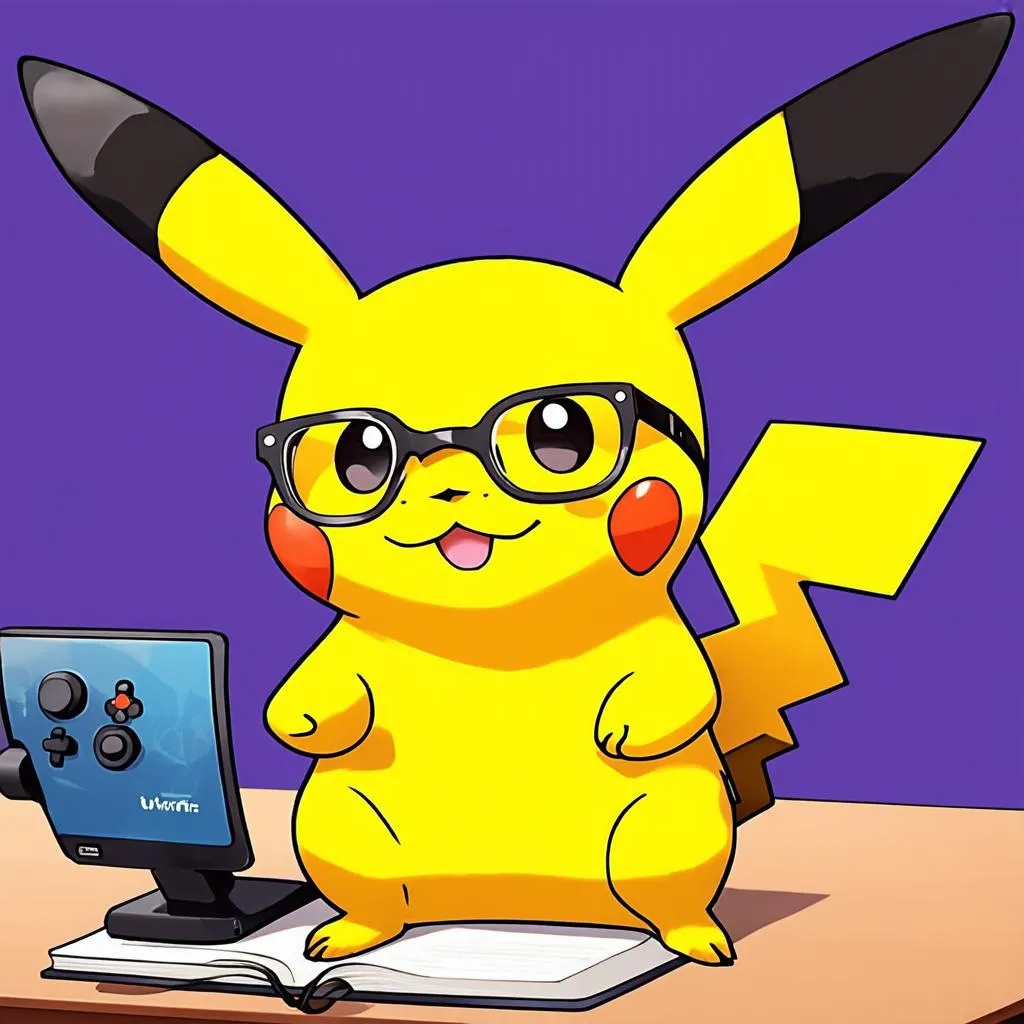 pikachu đeo kính chơi game