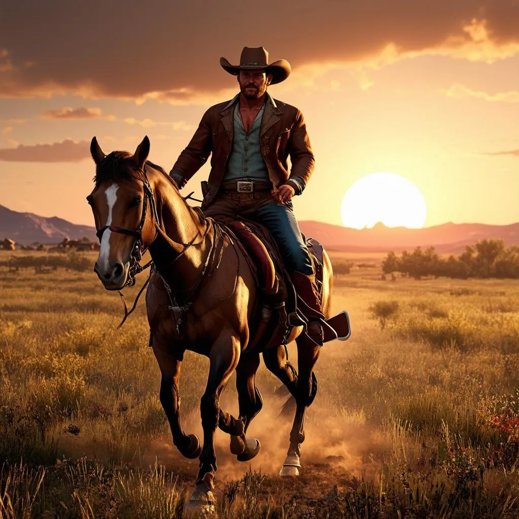 Arthur Morgan cưỡi ngựa trên nền trời hoàng hôn trong Red Dead Redemption 2