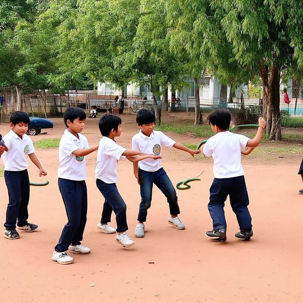 Children playing the dragon snake game