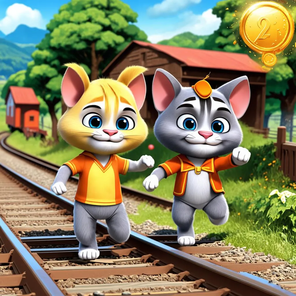 Talking Tom và Angela chạy trên đường ray