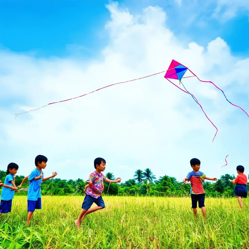 Trẻ em chơi thả diều ngày tết