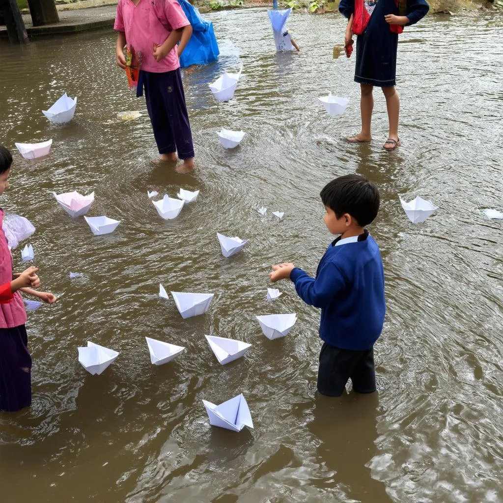 Trẻ em thả thuyền giấy