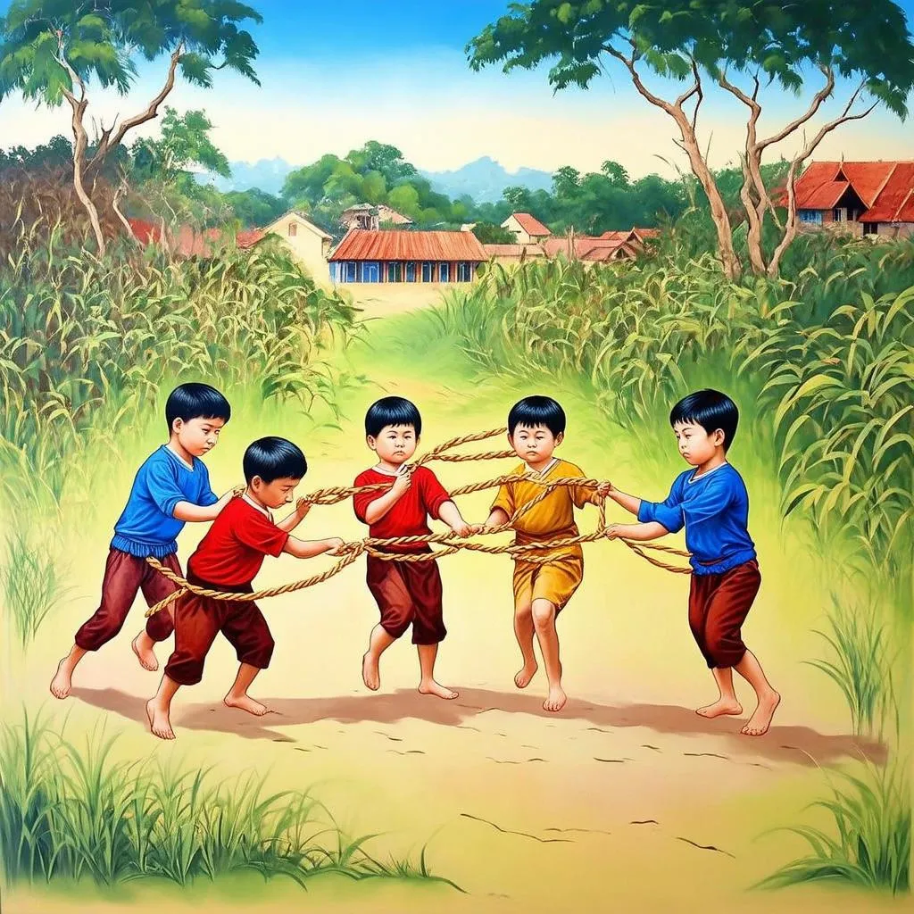 Tranh vẽ trẻ em chơi kéo co