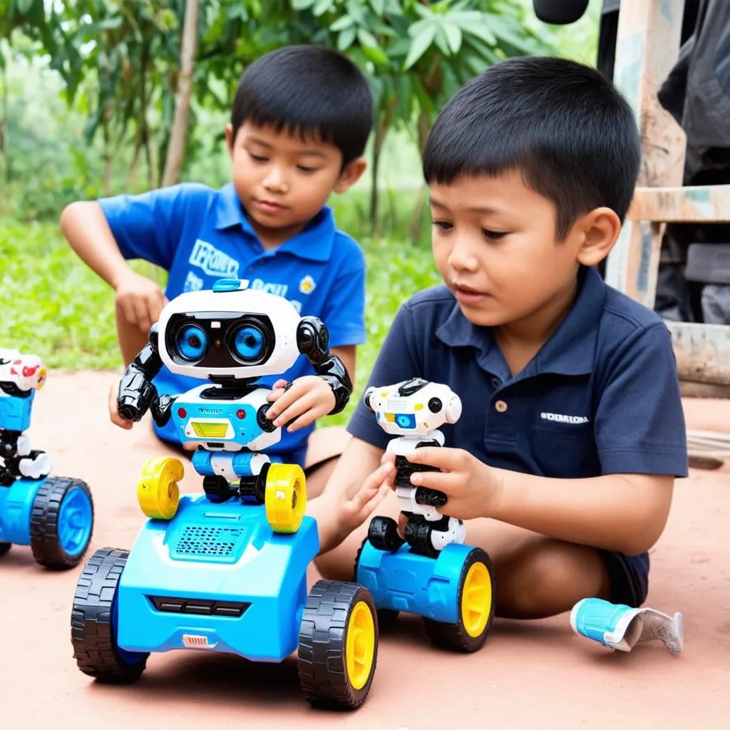 Trẻ em Bến Tre đang chơi điều khiển Robot