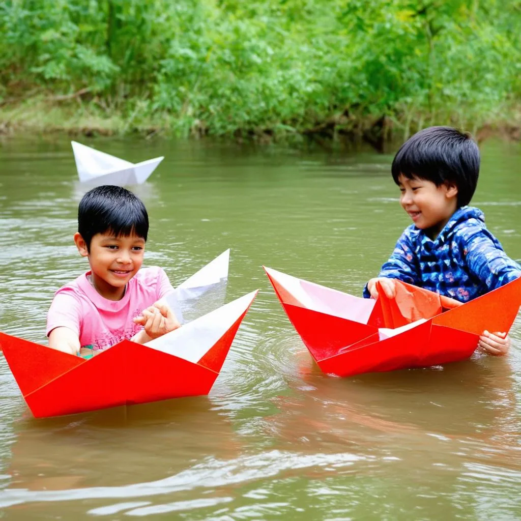 Trẻ em chơi thả thuyền giấy