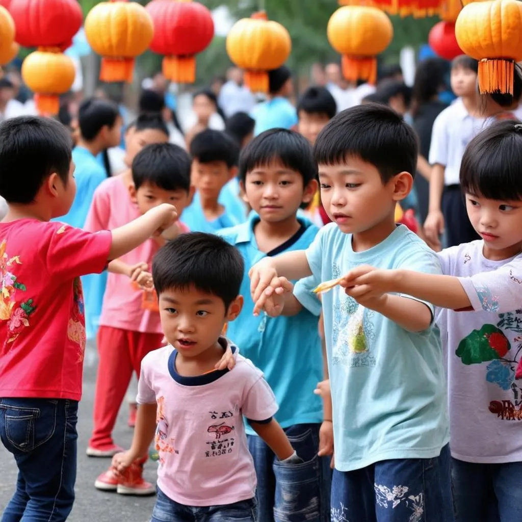 Trẻ em đang vui chơi cùng nhau trong ngày tết trung thu