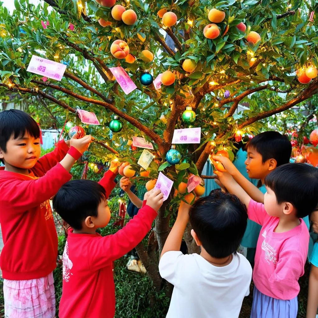 Trẻ em trang trí cây mai