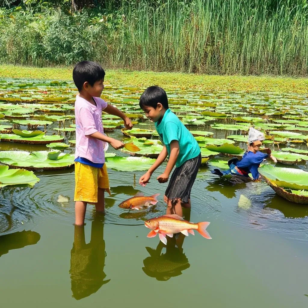 Trẻ em vui chơi bắt cá trong đầm sen