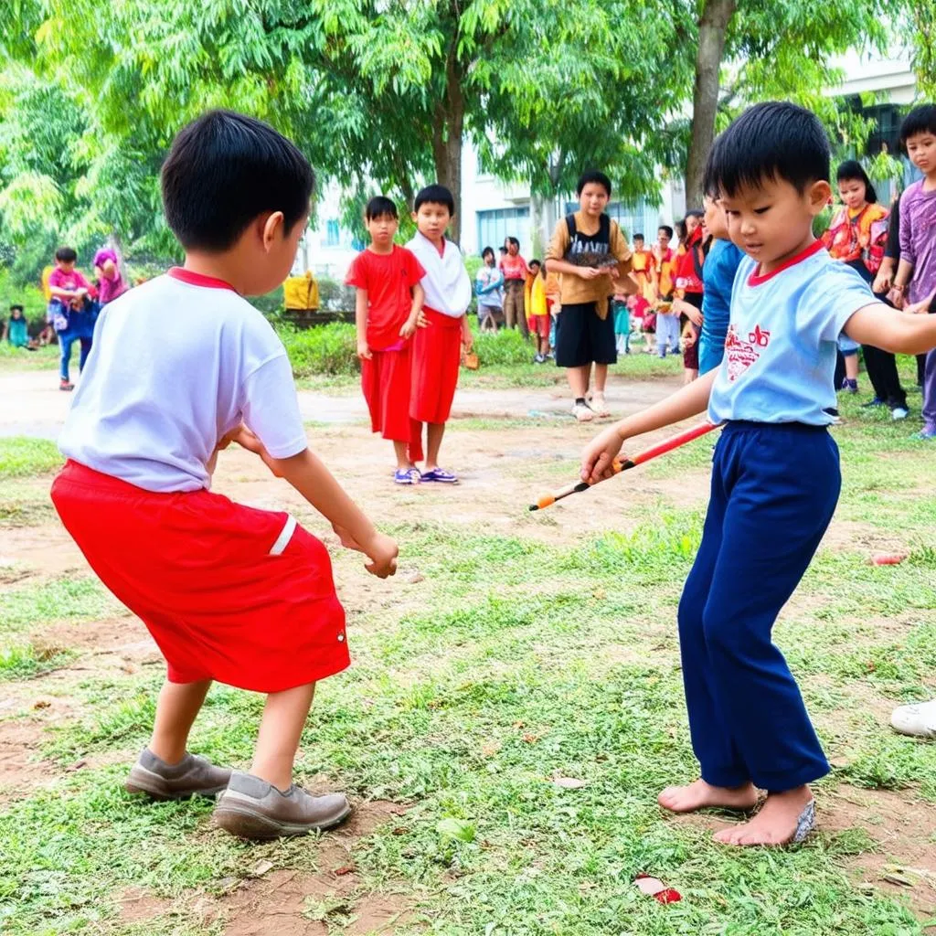 Trẻ em vui chơi cắp cua ngoài trời