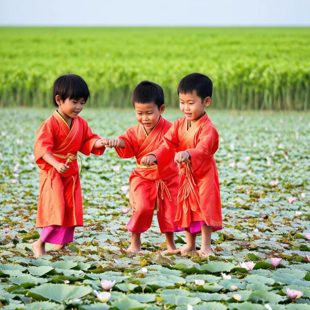 Trẻ em vui chơi ở đầm sen