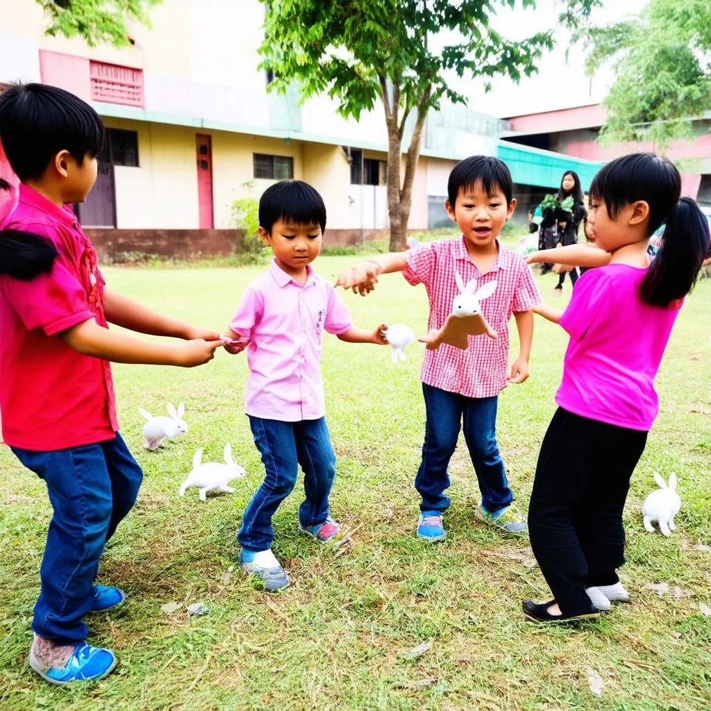 Trẻ em vui chơi trò chơi thỏ nghe hát nhảy vào chuồng