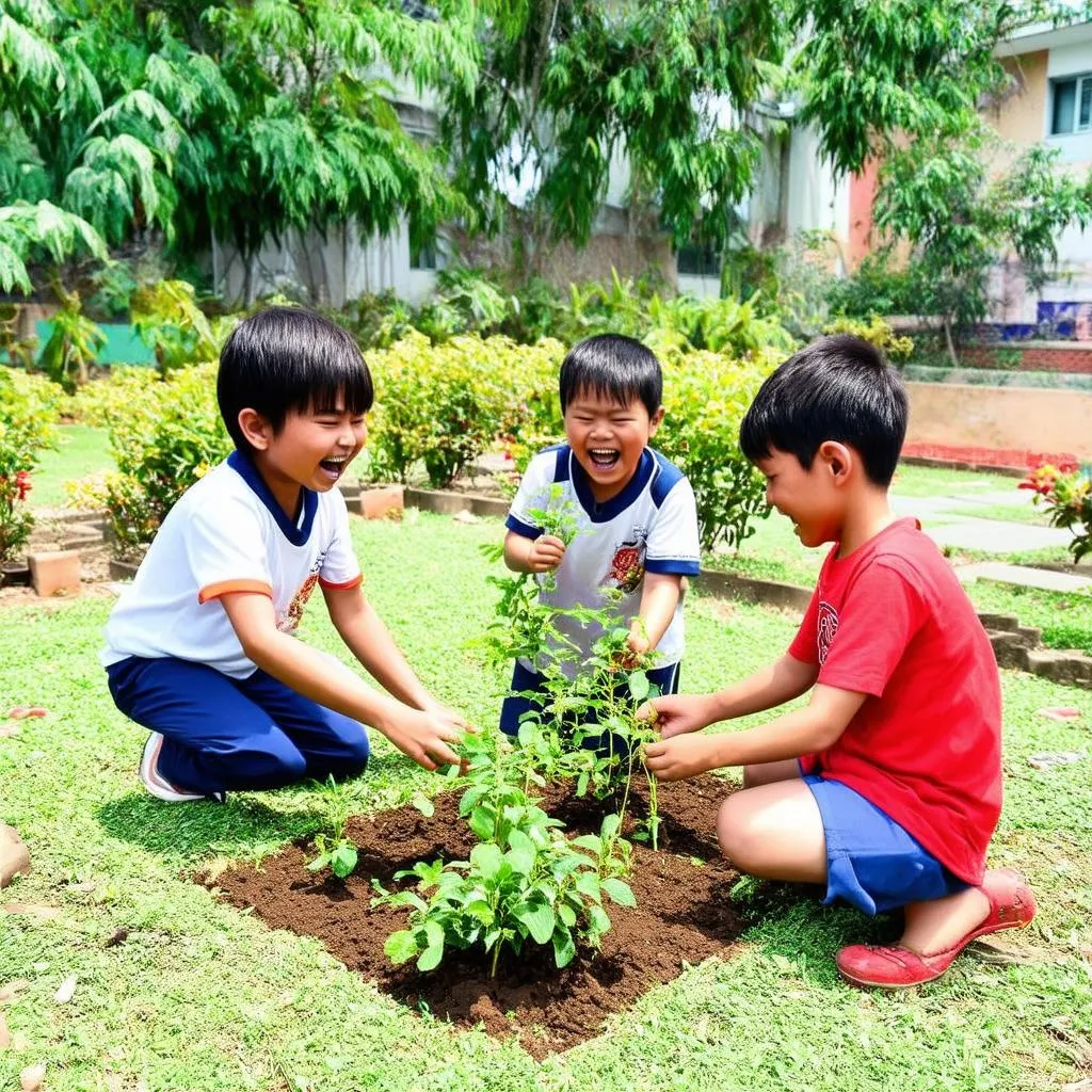 Trẻ em vui chơi trò chơi trồng nụ trồng hoa ngoài vườn