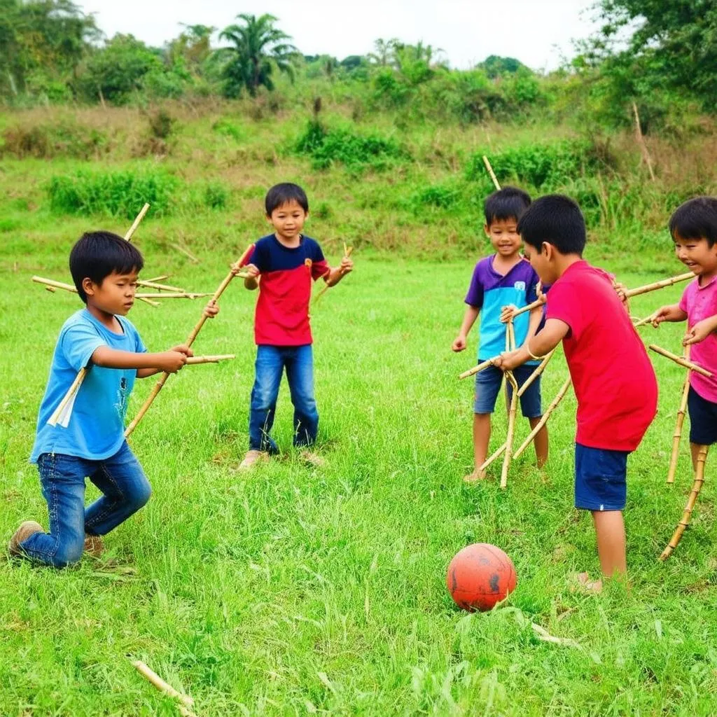 trẻ em chơi trò chơi bằng tre và bóng