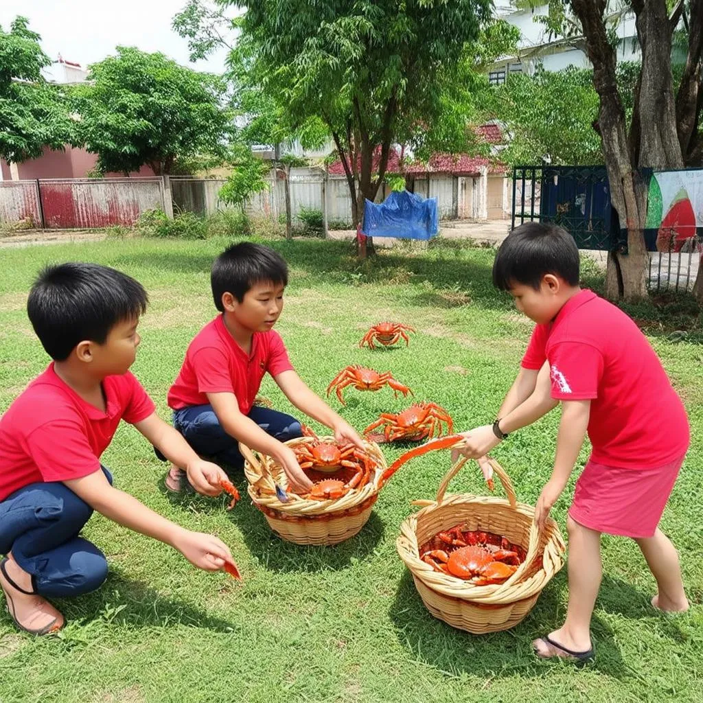 Trẻ em chơi trò chơi bắt cua bỏ giỏ ngoài trời